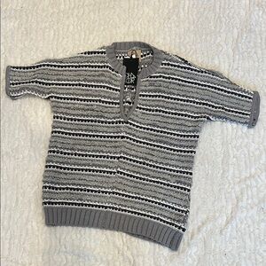 Chaser Gray Striped Bohemian fringe Sweater grey white black medium new